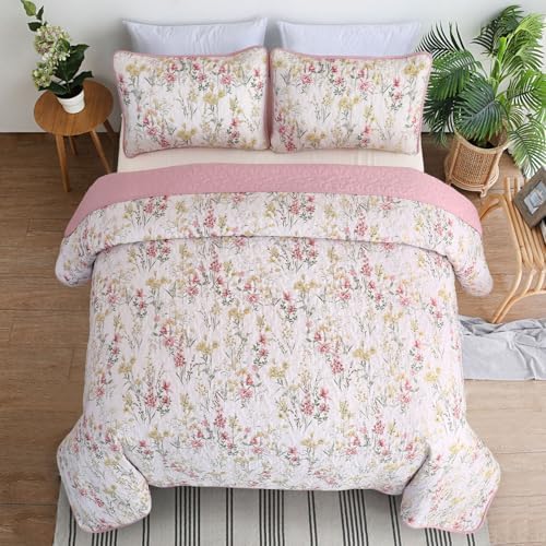 Anibedding King Size Quilt Set with Pink Floral Pattern 1