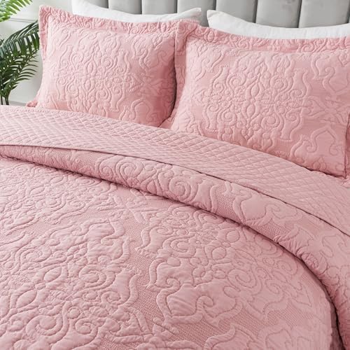NEWLAKE Quilt Bedspread Set - Pink Floral Reversible Microfiber King Size
