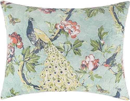 Benjara Eden Twin XL Quilt Set Peacock and Songbirds Microfiber Green and Blue