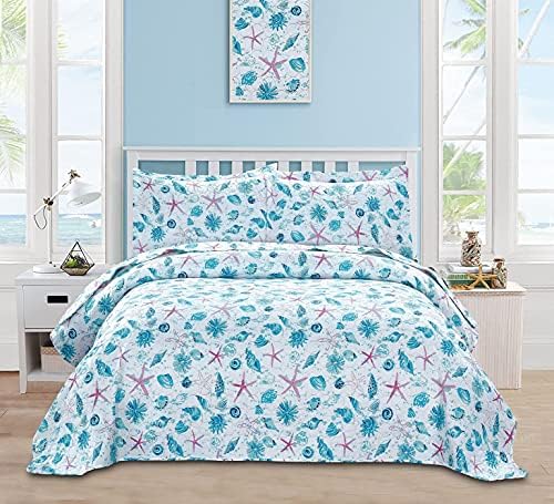 Pink Starfish Aqua Beach Quilt Set - Reversible Lightweight Bedding