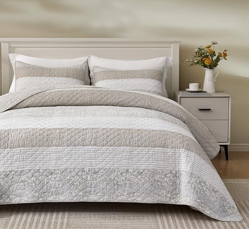 Chezmoi Collection Robyn Quilt Set - 2-Piece Neutral Taupe Gray White