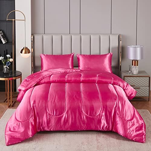 Kanak Bedding 3PC Satin Comforter Set Queen Hot Pink
