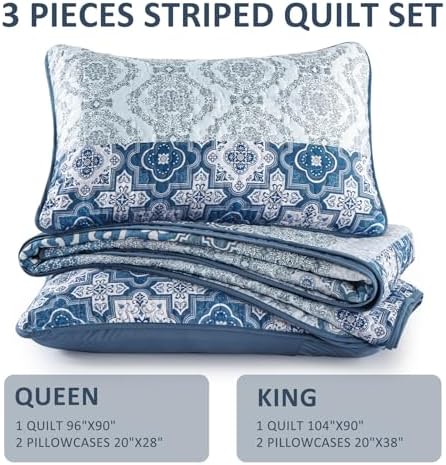 DJY Boho Quilt Set Queen Size 3 Pieces Navy Blue