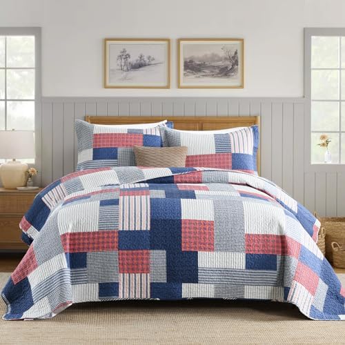 SahSahCasa King Quilt Set 3Pcs Blue Red White 1