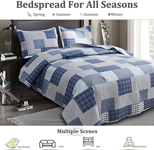 Jarson Light Blue Plaid Quilt Set 3Pcs King Size Reversible
