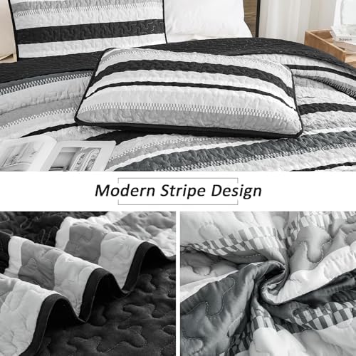 Wongs Bedding King Quilt Set 3 Pieces Black Striped Bedspread Coverlet with Shams