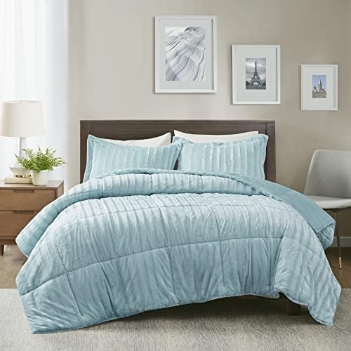 Madison Park Duke Luxe Faux Fur Comforter Set Aqua 3 Piece