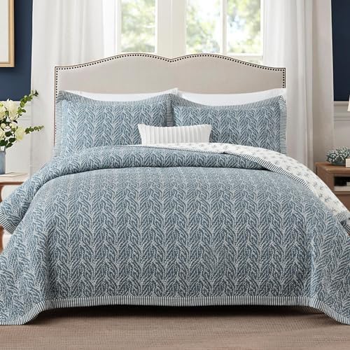 Finlonte Queen Size Cotton Quilt Set - 3 Pcs Grayish BlueWhite