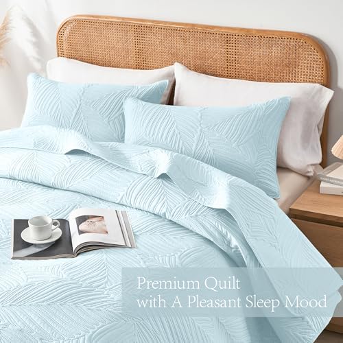 OARAGE Aqua Blue Twin Quilt Set with Leaf Pattern