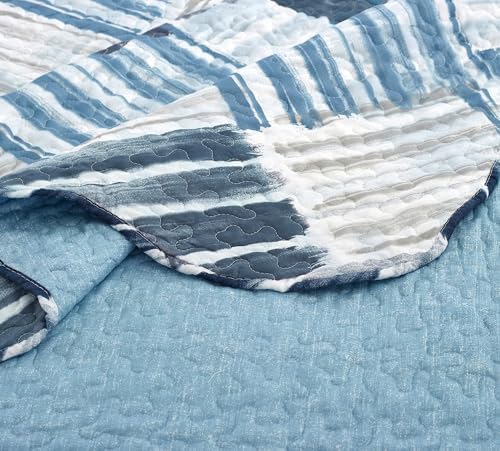 Brilliant Sunshine Blue Grey Stripe Quilt Set Twin 2-Piece with Sham