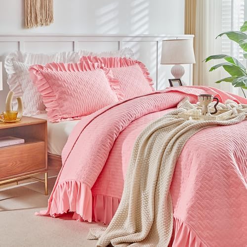 UOZZI Ruffled Quilt Bedding Set Queen 96x96