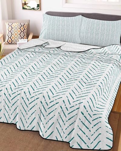 RisQiten Twin XL Teal Striped Reversible Quilt Set 1