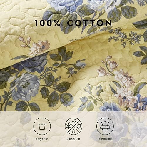 Laura Ashley Twin Quilt Set - Linley Yellow Reversible Cotton Bedding with Matching Sham