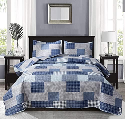 Jarson Light Blue Plaid Quilt Set 3Pcs King Size Reversible