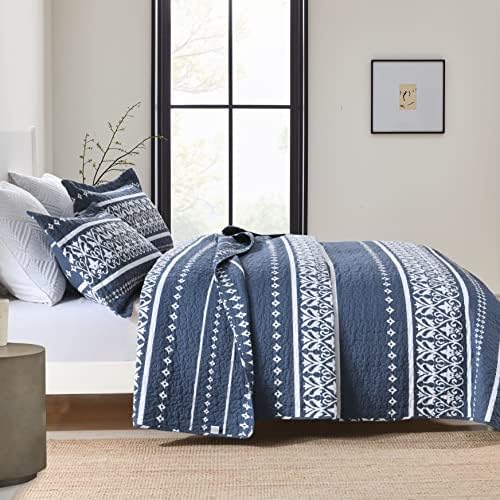 Qiqiong Queen Quilt Set Navy Blue White Striped