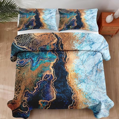 Pamnest Quilt Set Twin Size Blue Gold Marble 2 Pcs 1