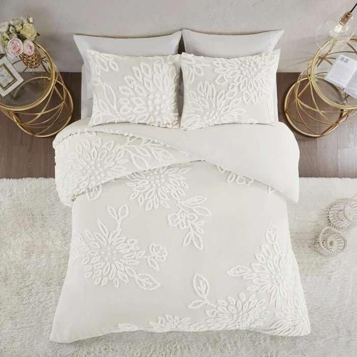 5 Piece Boho Tufted Duvet Cover Set - Ivory Leaf 1