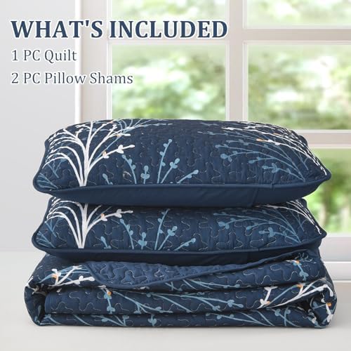 Navy Queen Quilt Set with Reversible Floral Design