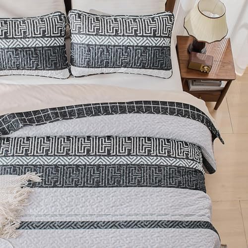 DJY Striped Quilt Set King Size 3 Pcs Black White