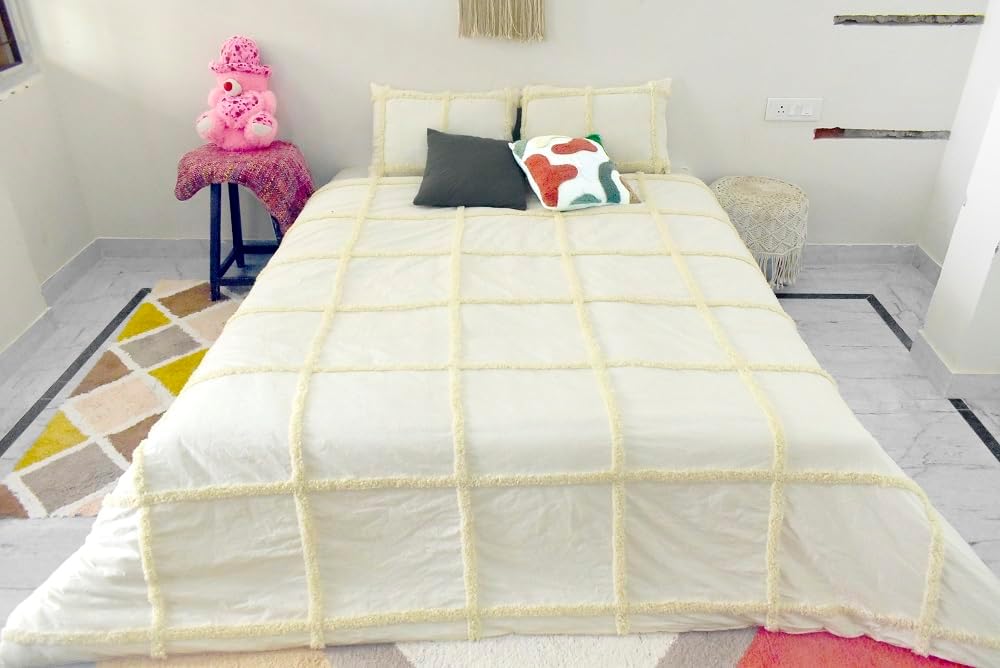 5 Piece Boho Tufted Duvet Cover Set - White Dot Pattern 1