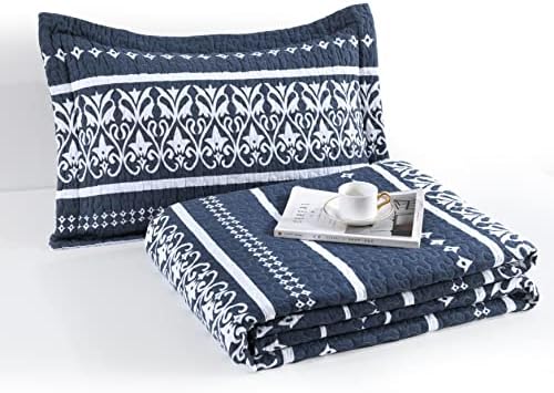 Qiqiong Queen Quilt Set Navy Blue White Striped