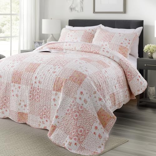 KASENTEX Twin Quilt Set 86x68 Pink Floral Patchwork