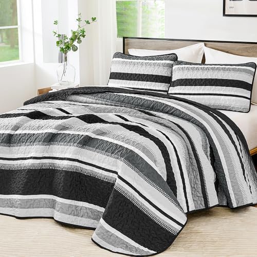 Wongs Bedding King Quilt Set 3 Pieces Black Striped Bedspread Coverlet with Shams