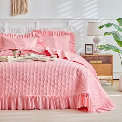 UOZZI Ruffled Quilt Bedding Set Queen 96x96