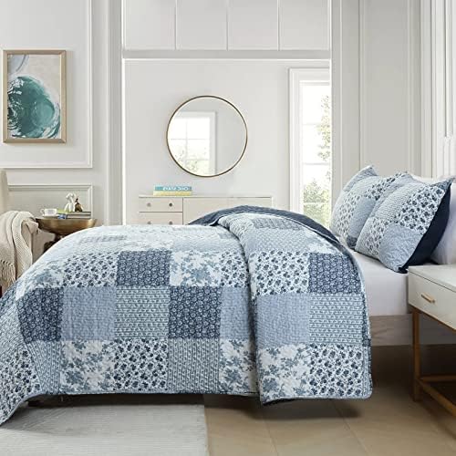 Boryard 3-Piece Queen Quilt Set Navy Blue Plaid Print