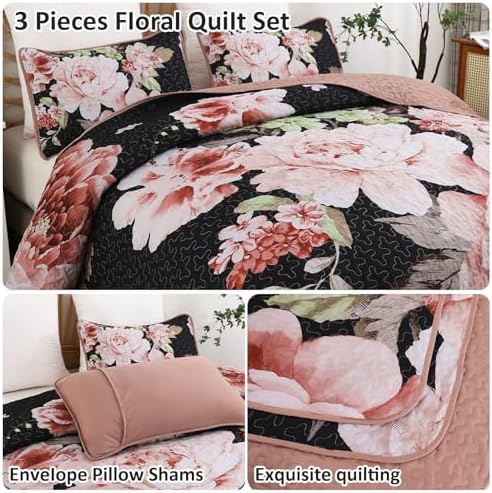WONGS BEDDING Black Floral Queen Quilt Set 3 Piece