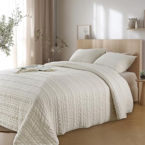 KASENTEX Queen Quilt Set 3 Pieces with Pillow Shams Light Khaki Velvet Bedding