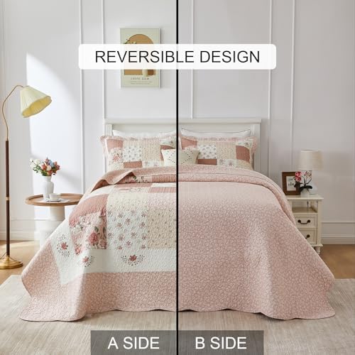 SahSahCasa 128x120 Cotton Patchwork Bedspread Set - Floral Cal King Quilt