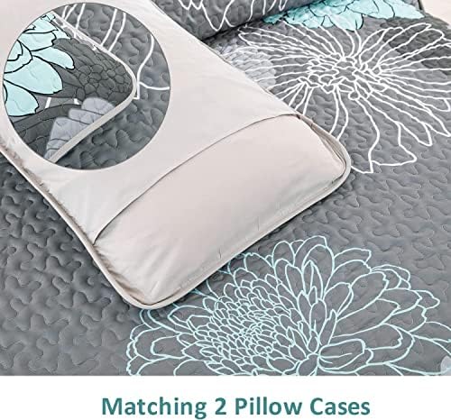 Yiran Grey Aqua Floral Queen Quilt Set 3pcs