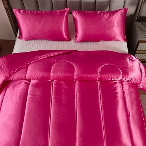 Kanak Bedding 3PC Satin Comforter Set Queen Hot Pink