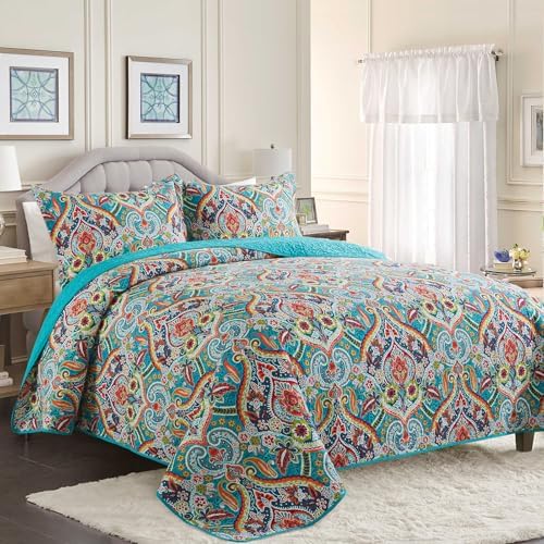 BEDISELY Queen Size Quilt Set - Teal Damask Reversible Bedspread Blanks