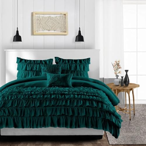 100 Linen Ruffle Duvet Cover Set Dark Green