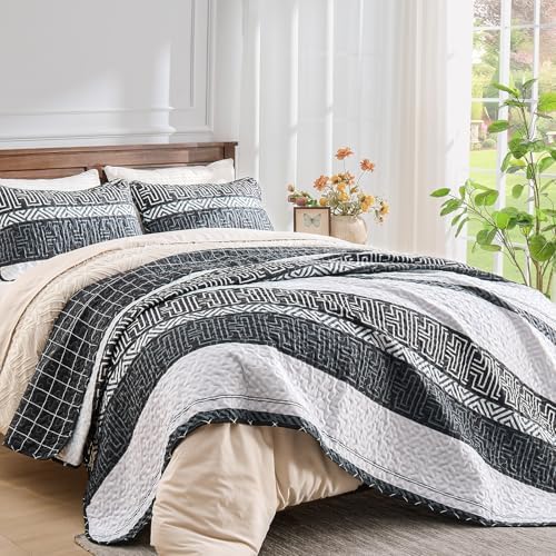 DJY Striped Quilt Set King Size 3 Pcs Black White