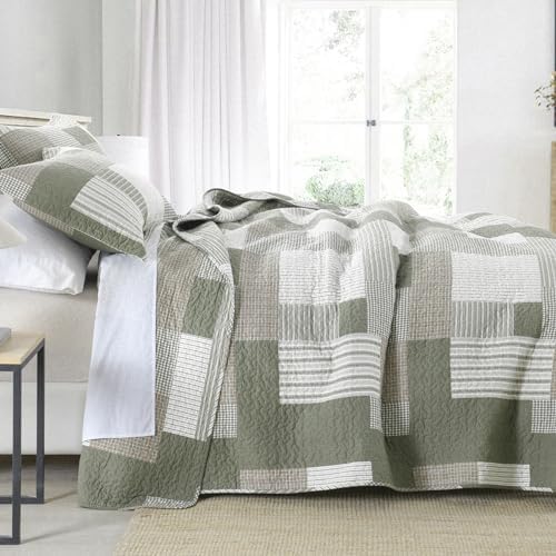 SahSahCasa Queen Size Quilt Set 3Pcs Green Brown