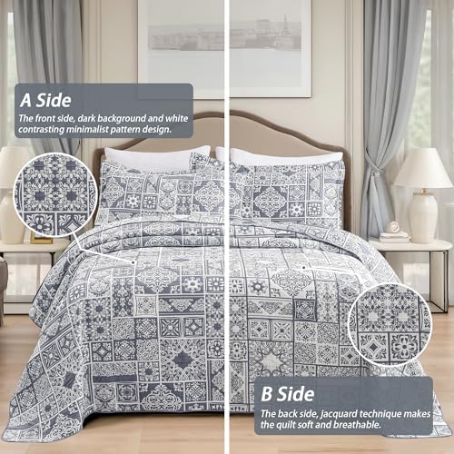Asuexpect 3 Piece Grey Blue Patchwork Quilt Set King Size