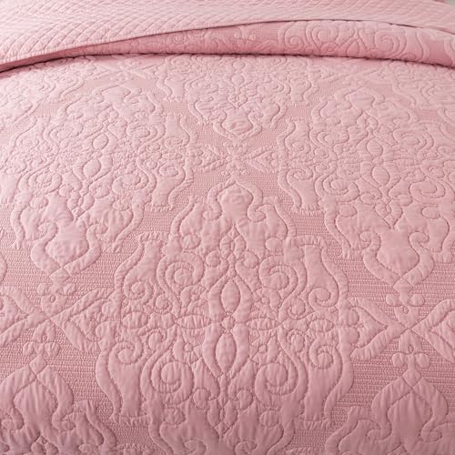 NEWLAKE Quilt Bedspread Set - Pink Floral Reversible Microfiber King Size