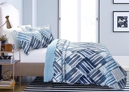 Brilliant Sunshine Blue Grey Stripe Quilt Set 3-Piece 1