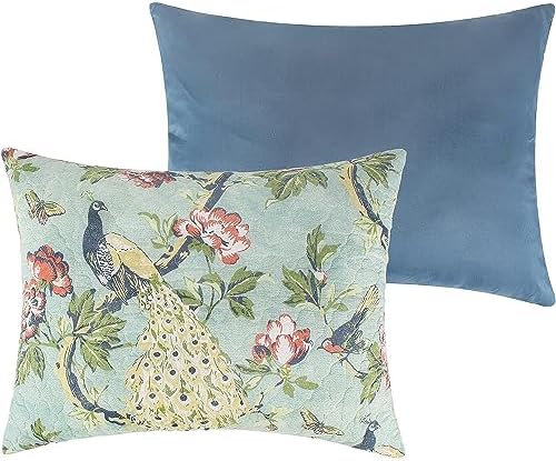 Benjara Eden Twin XL Quilt Set Peacock and Songbirds Microfiber Green and Blue