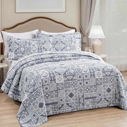 Asuexpect 3 Piece Grey Blue Patchwork Quilt Set King Size