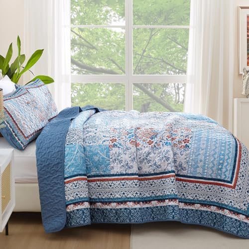 WONGS BEDDING Blue Boho Quilt Set King Size 3 Pieces
