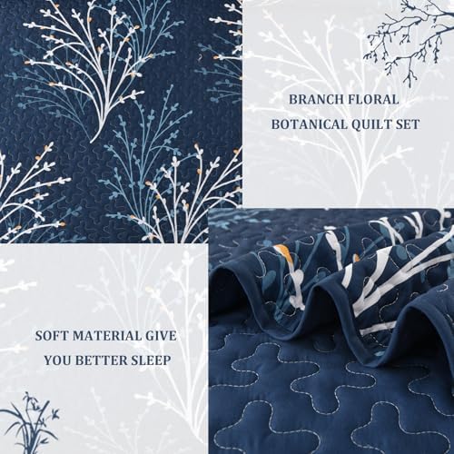 Navy Queen Quilt Set with Reversible Floral Design