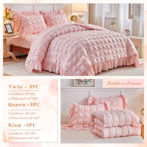Tititada Blush Pink Plaid Seersucker Comforter Set