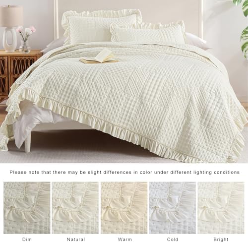 DJY Beige Ruffled Quilt Set 3 Pieces All Season