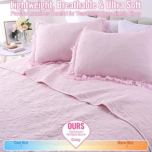 Uspring Pink Ruffled Floral Queen Comforter Set 3 Piece