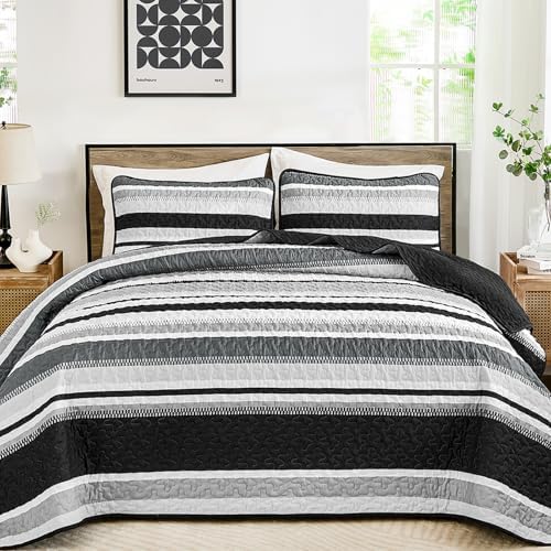 Wongs Bedding King Quilt Set 3 Pieces Black Striped Bedspread Coverlet with Shams