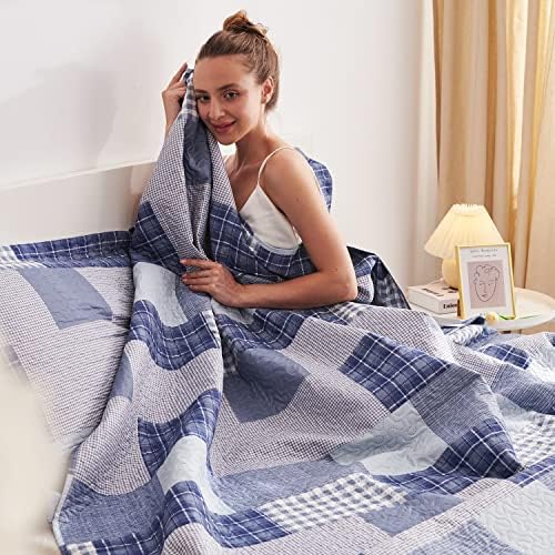 Jarson Light Blue Plaid Quilt Set 3Pcs King Size Reversible